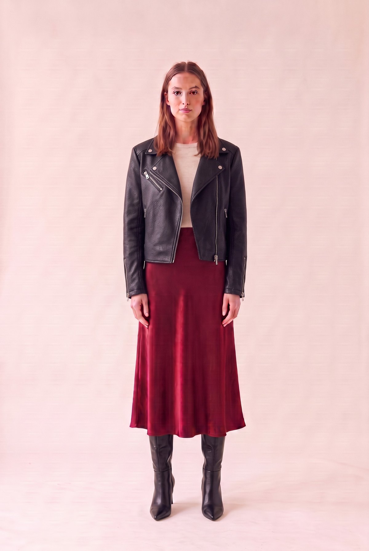 Mid October date look with the black moto jacket worn open over an oatmeal sweater and wine satin skirt