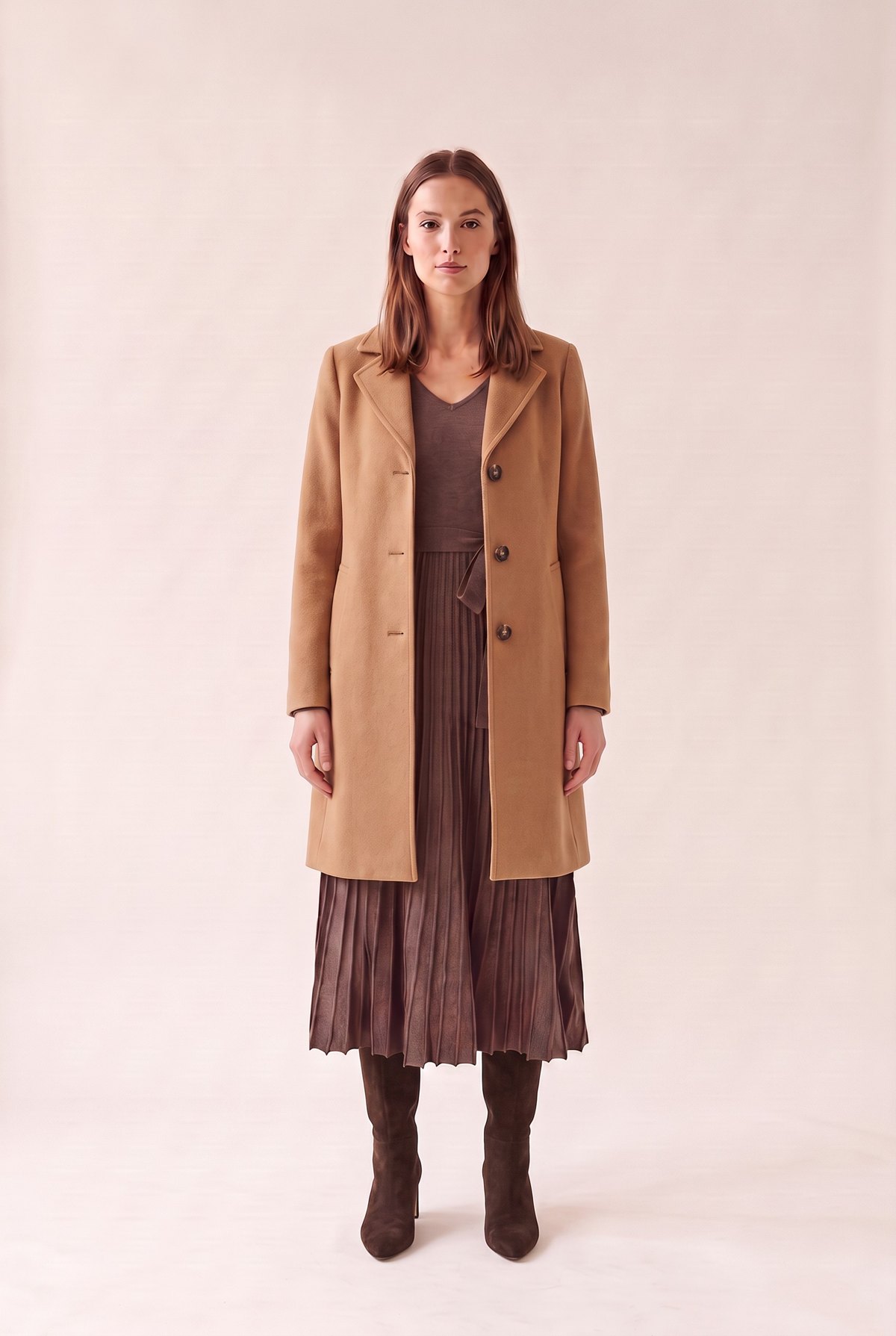 October date outfit, splurge look: coffee brown wool-blend sweater dress, camel Calvin Klein wool coat and chocolate brown Sam Edelman knee-high boots